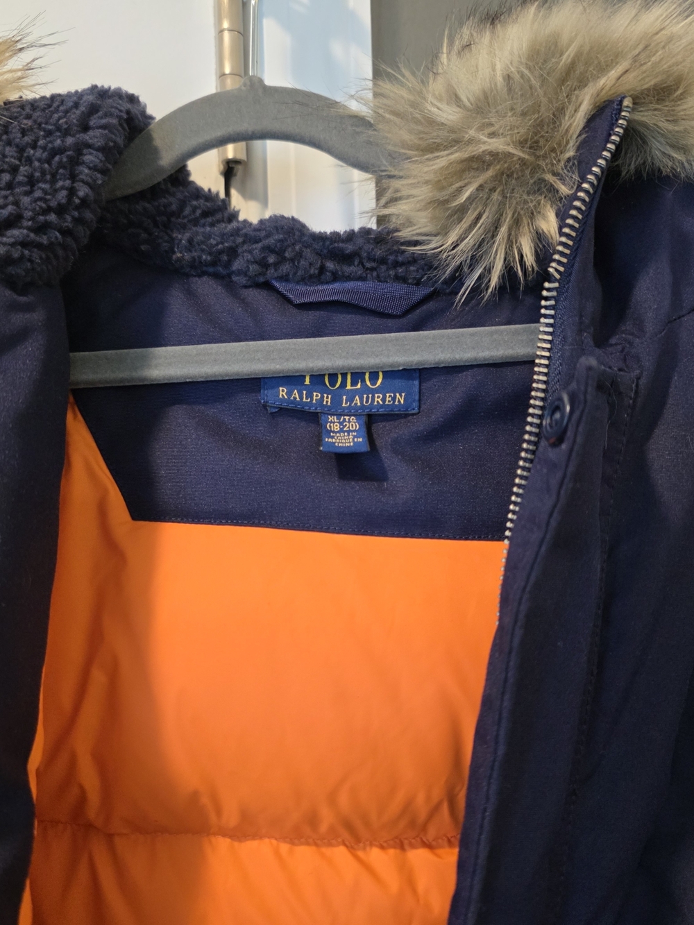 Polo by Ralph Lauren Navy Kids Puffer Coat with Orange Lining